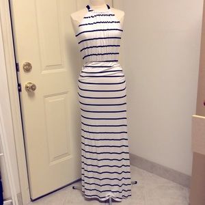 Striped white and navy blue maxi dress